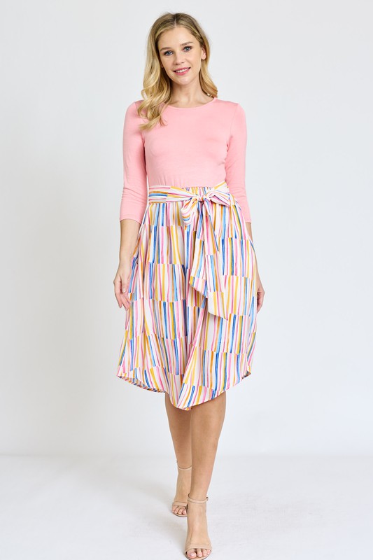 Plus Quarter Sleeve Stripe Sash Midi Dress
