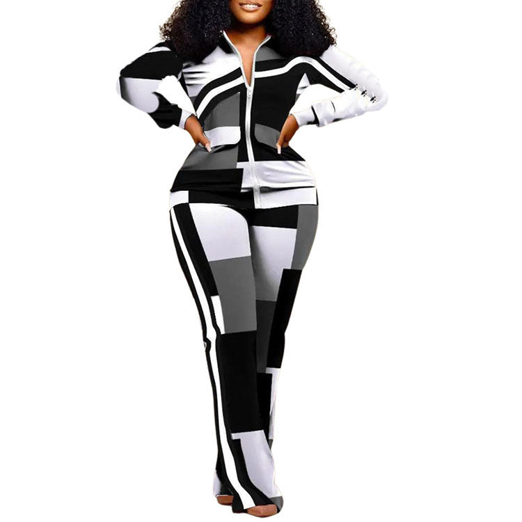 Women Casual Sports Style Zipper Top Sweatpants Two Piece Set