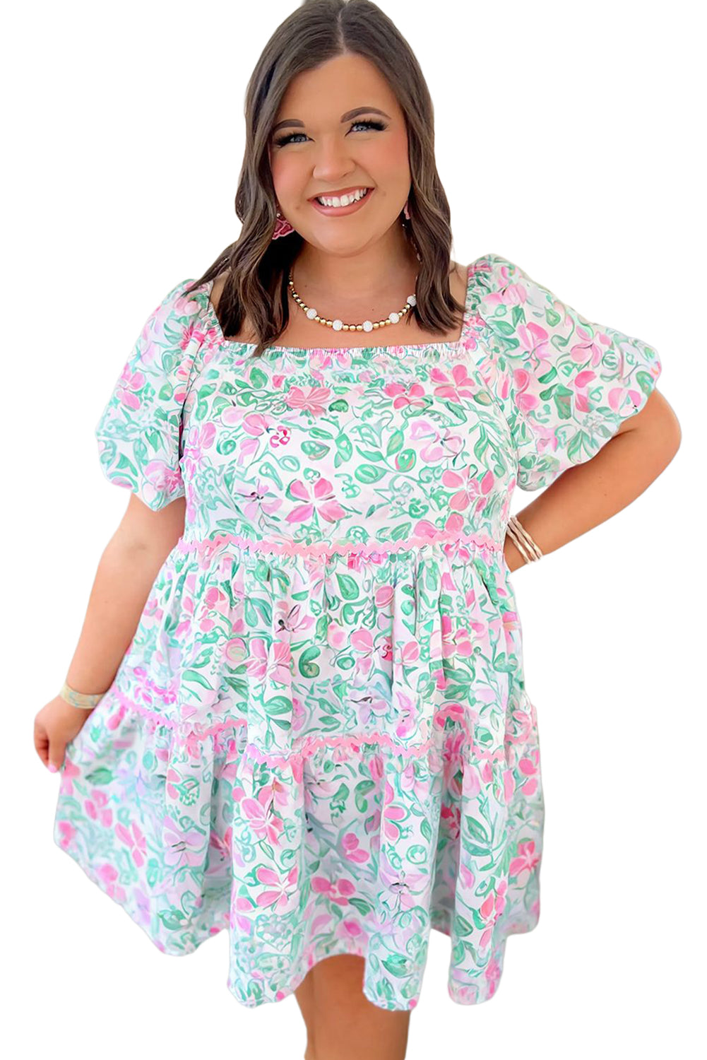 White Floral Print Ric-rac Trim Square Neck Plus Size Mini Dress