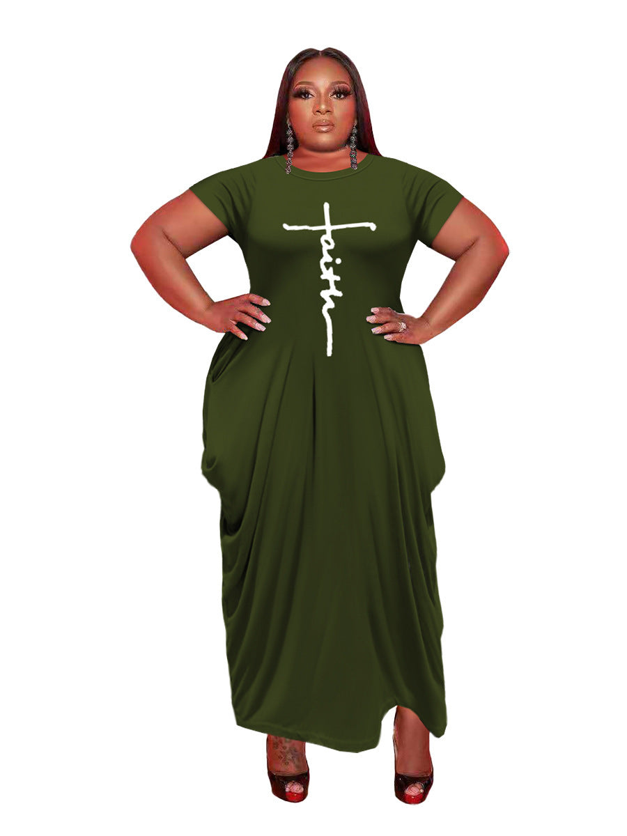 New Ladies Solid Color Round Neck Short Sleeve Irregular Hem Dress