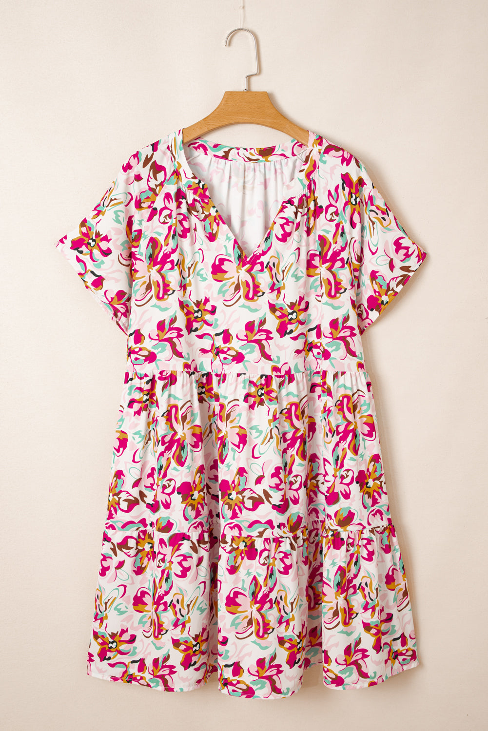 White Abstract Print V Neck Short Sleeve Ruffle Plus Size Mini Dress