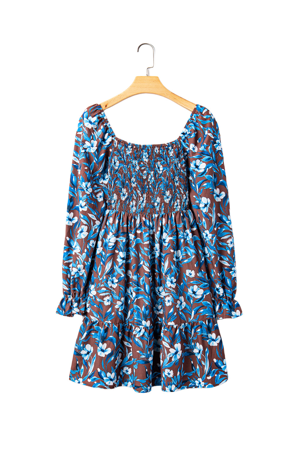 Blue Smocked Bodice High Waist Ruffled Sleeve Floral Dress