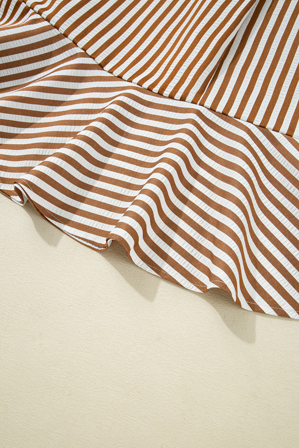 Brown Stripe Ruffle Hem Collared Long Sleeve Shirt Mini Dress
