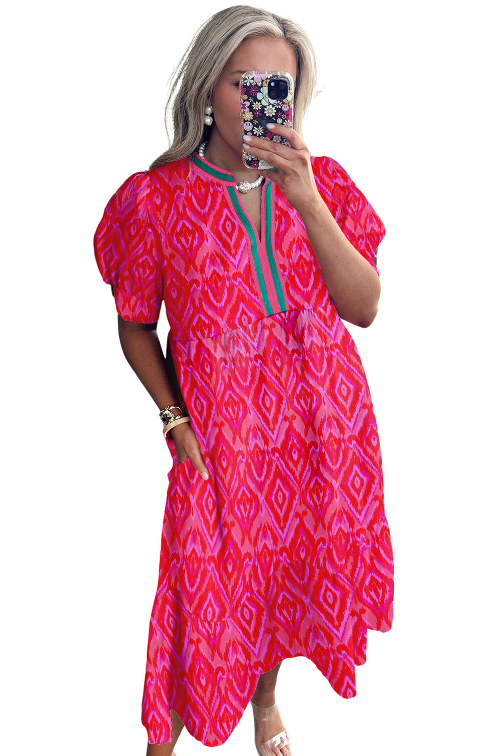 Red Geometric Print Pop of Color Neckline Puff Sleeve Plus Size Dress