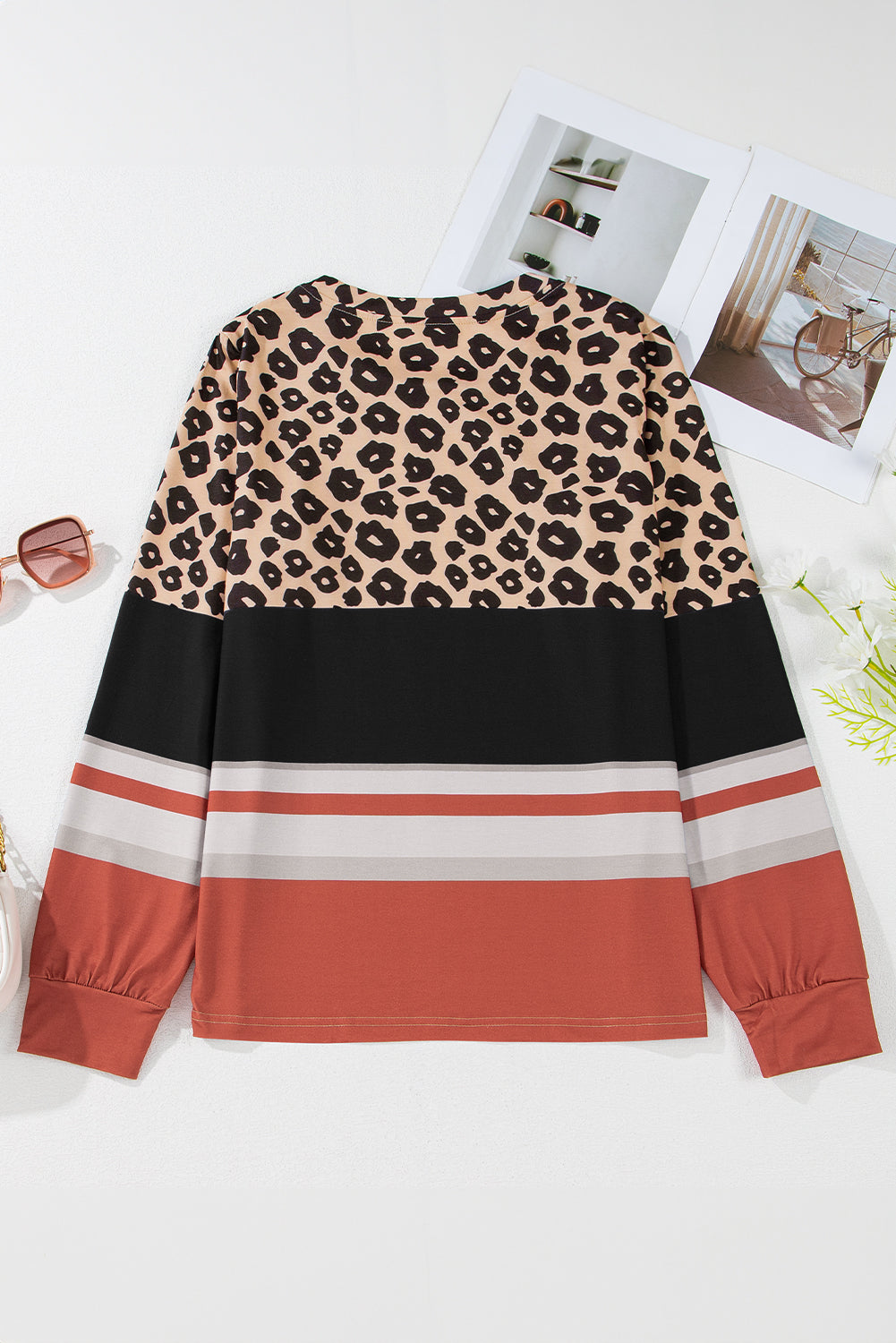 Khaki Leopard Striped Color Block Long Sleeve Top