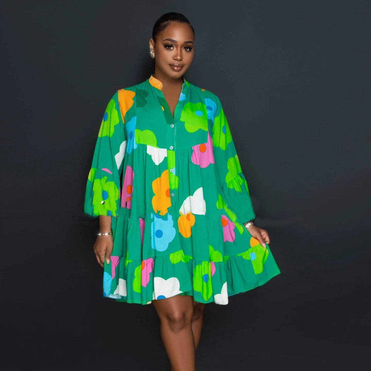 Colorful floral Painted Print V-neck Dress