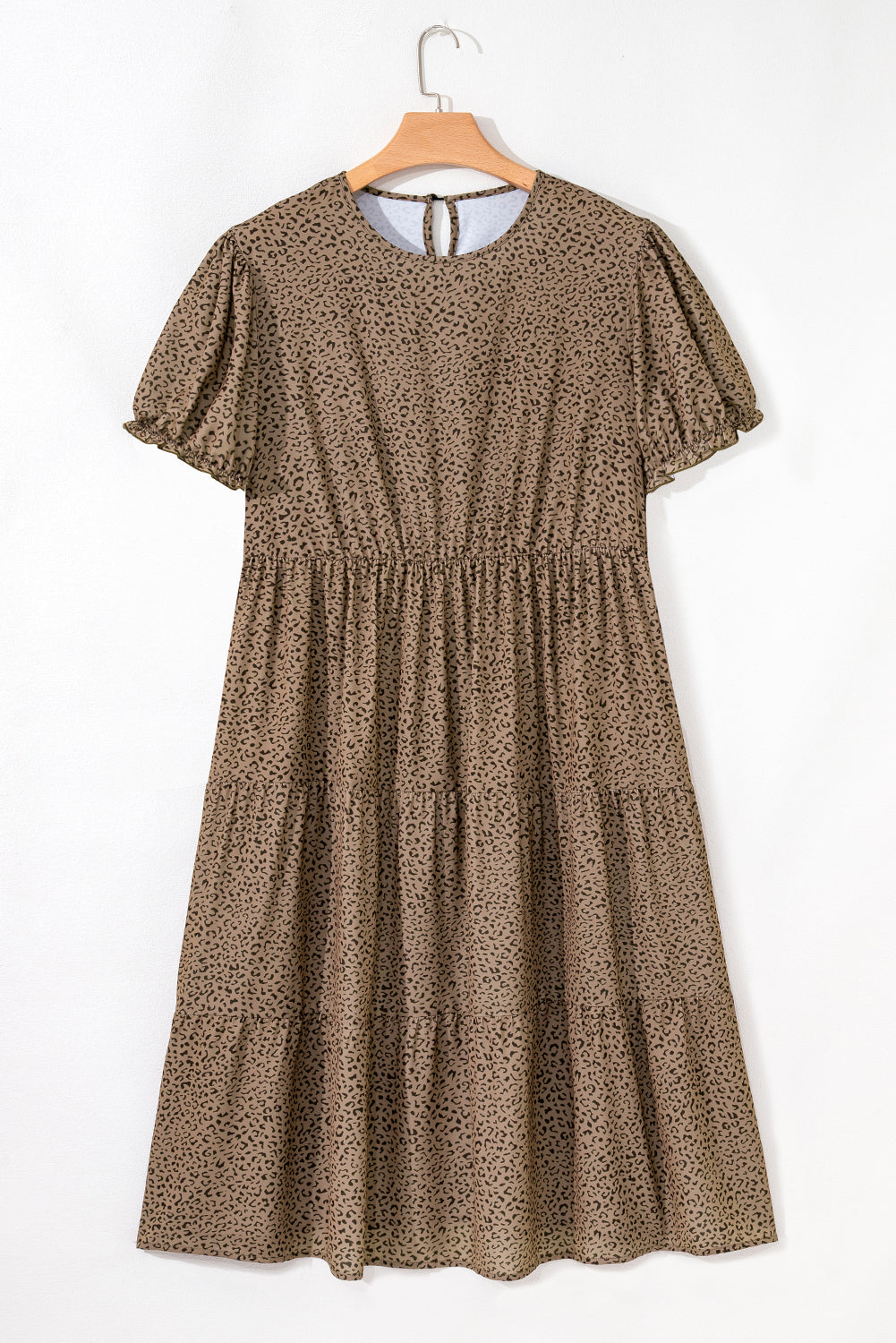 Beige Plus Size Leopard Print Frill Trim Short Sleeve Flared Dress