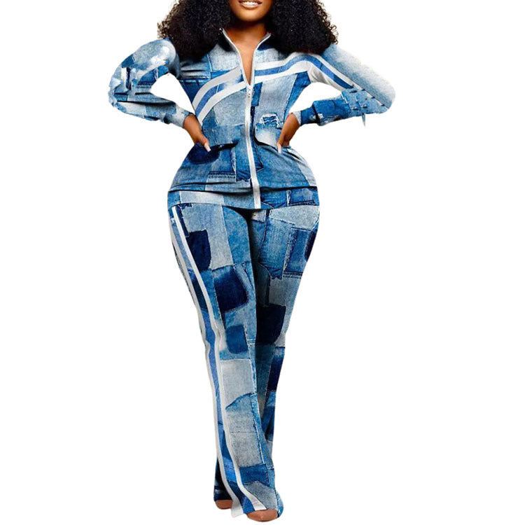 Women Casual Sports Style Zipper Top Sweatpants Two Piece Set