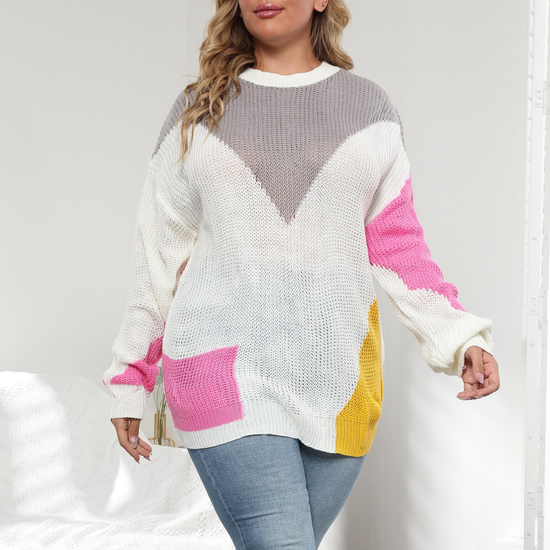 Women's Plus Size Contrast Stitching Pullover Sweater