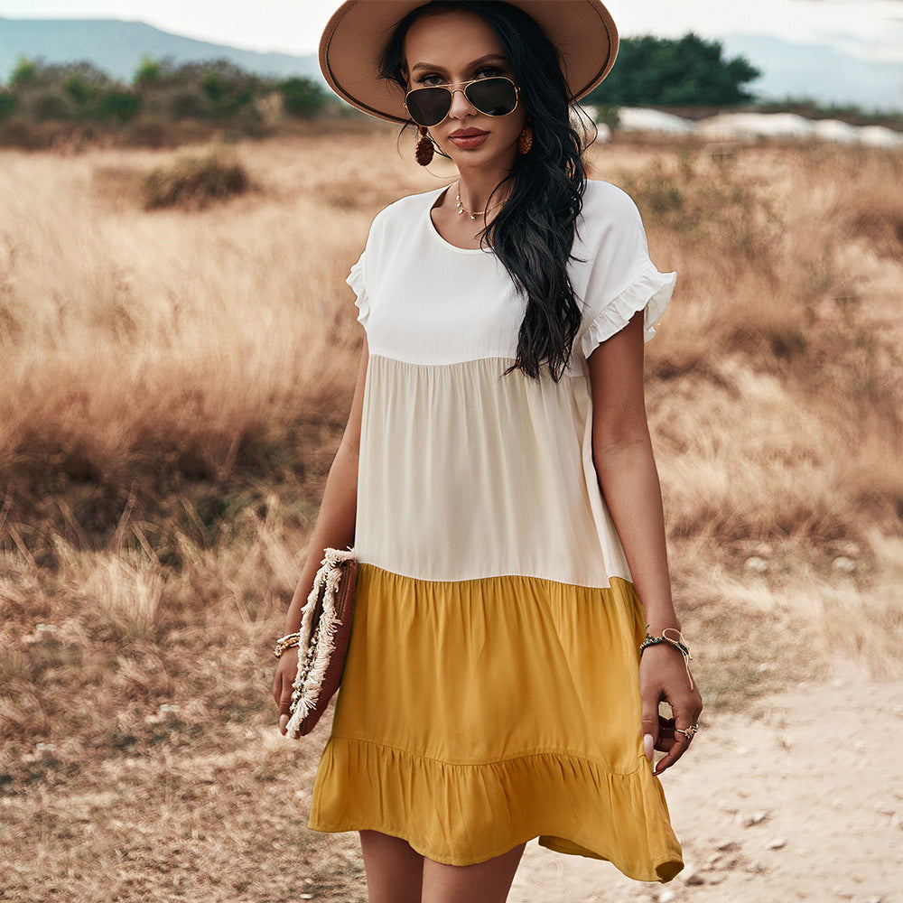 Short-Sleeved Stitching Contrast Color Loose Big Swing Dress