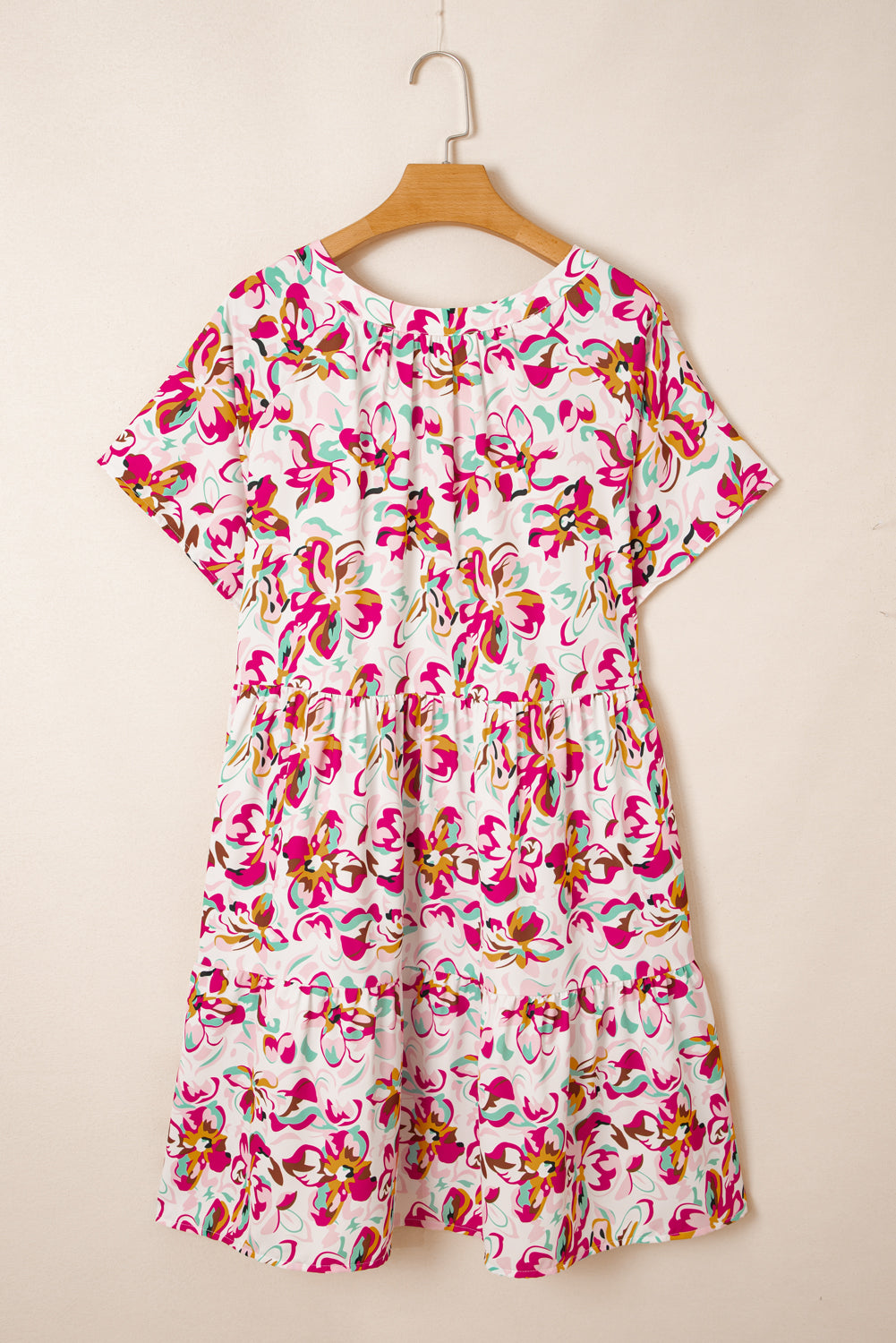 White Abstract Print V Neck Short Sleeve Ruffle Plus Size Mini Dress
