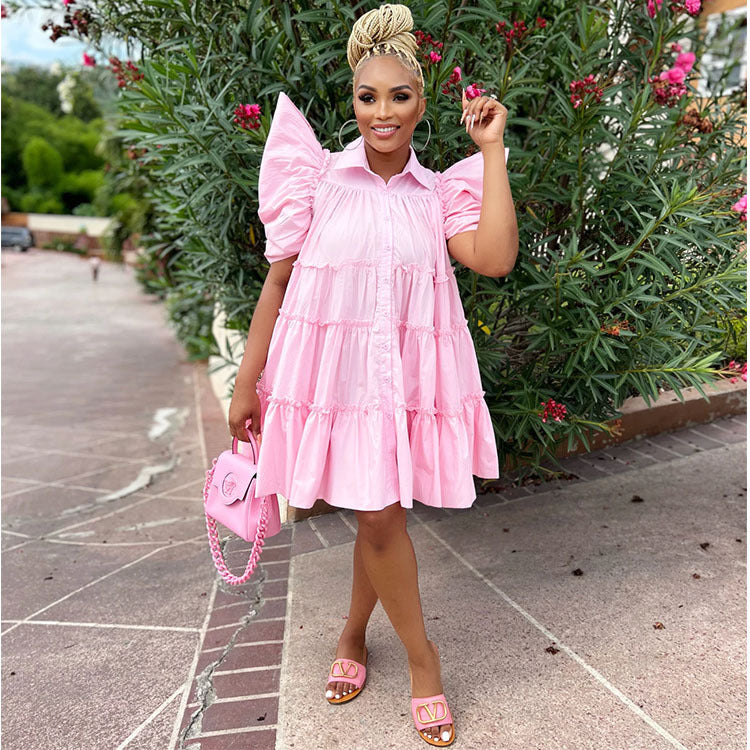 Retro French Style Pleated Puff Sleeve Loose Dress