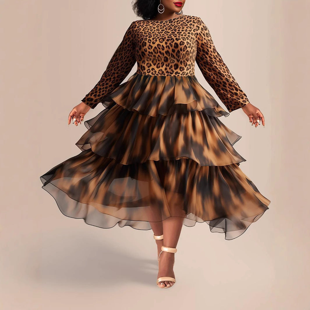 Elegant Leopard Print Cake Dress Plus Size Long Sleeve