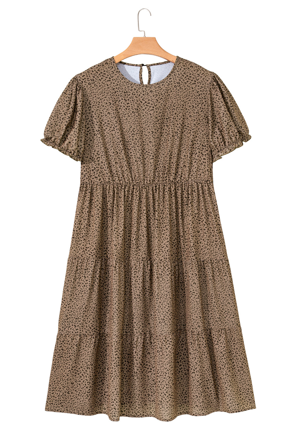 Beige Plus Size Leopard Print Frill Trim Short Sleeve Flared Dress