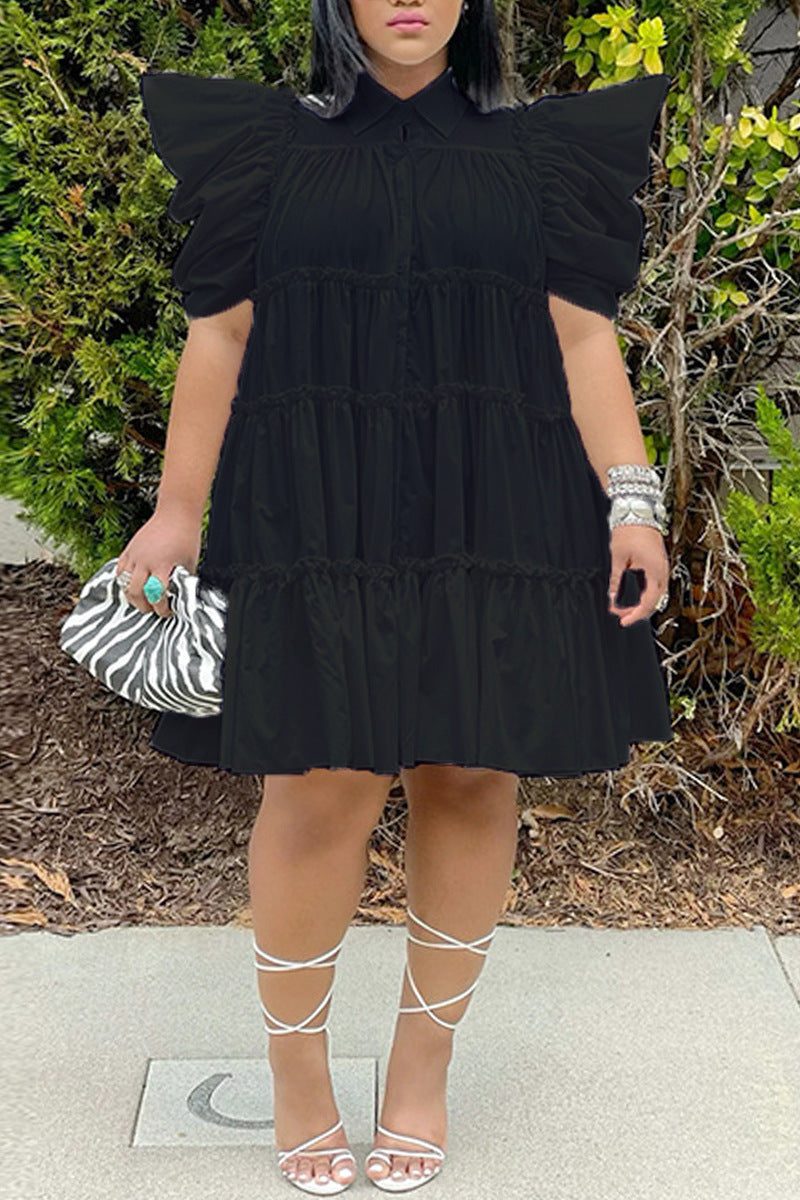 Retro French Style Pleated Puff Sleeve Loose Dress
