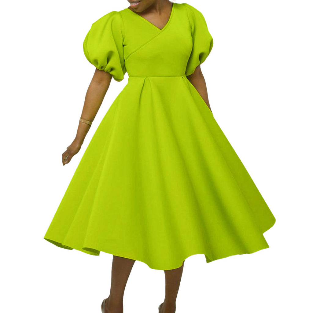 Women's V-neck Puff Sleeve Plus Size Dress