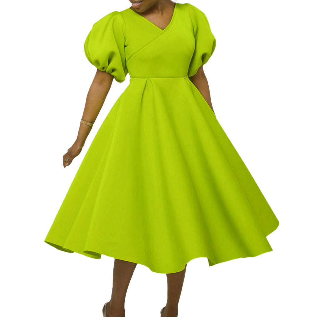 Women's V-neck Puff Sleeve Plus Size Dress