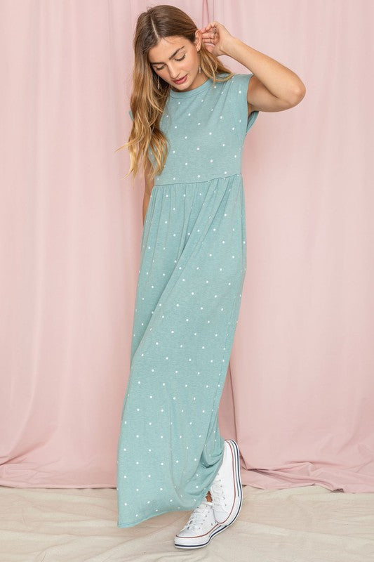 Polka Dot Folded Cap Sleeve Maxi Dress PLUS