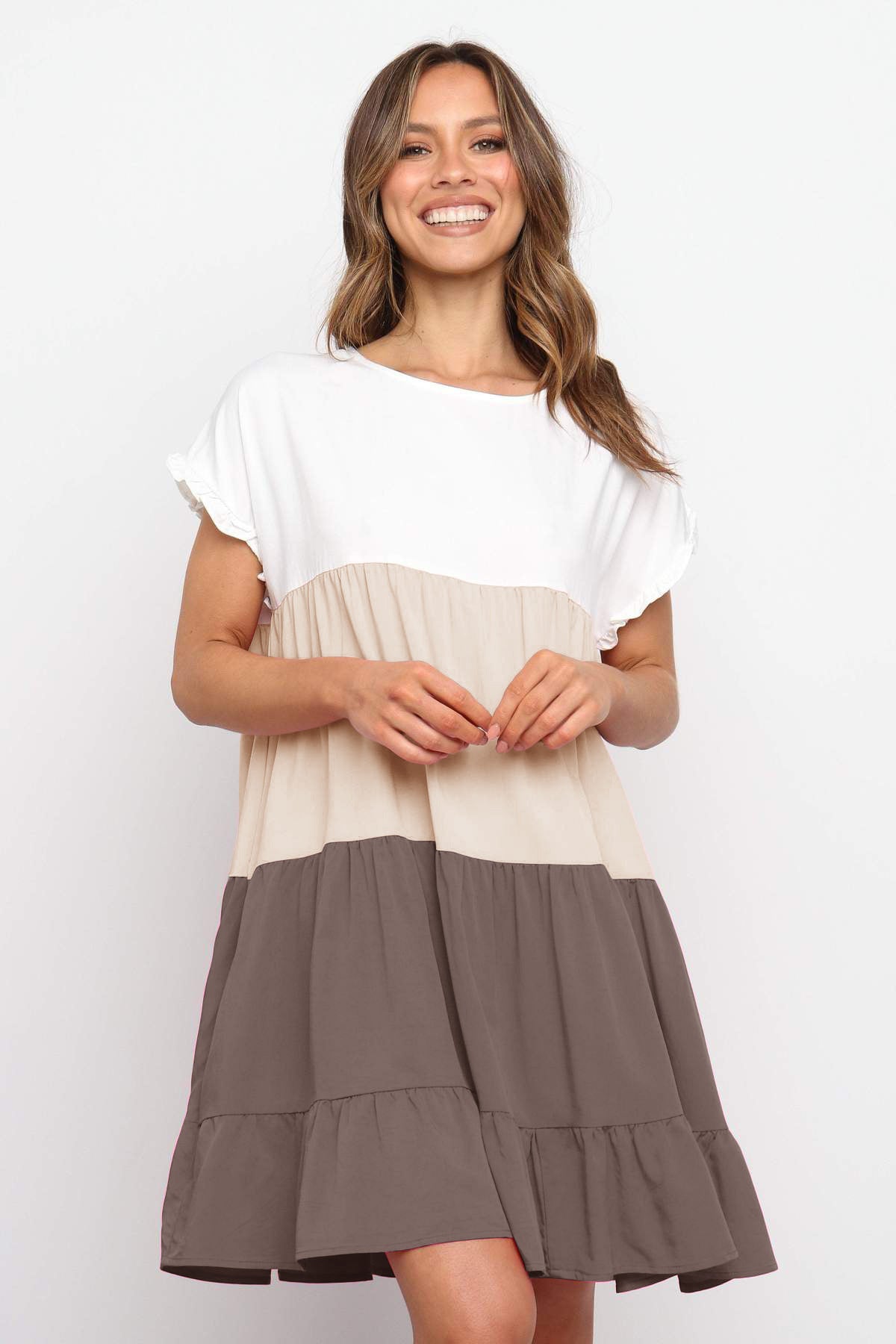 Short-Sleeved Stitching Contrast Color Loose Big Swing Dress