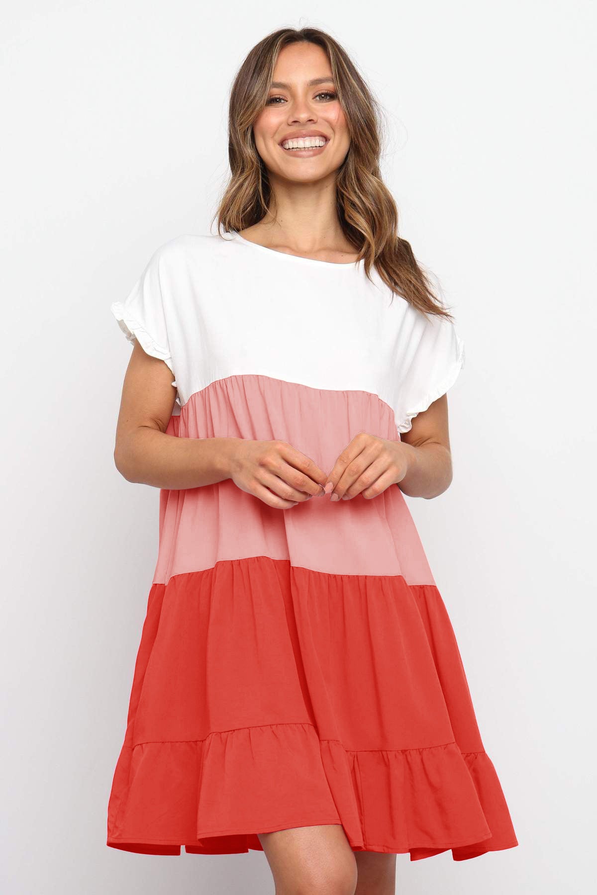 Short-Sleeved Stitching Contrast Color Loose Big Swing Dress
