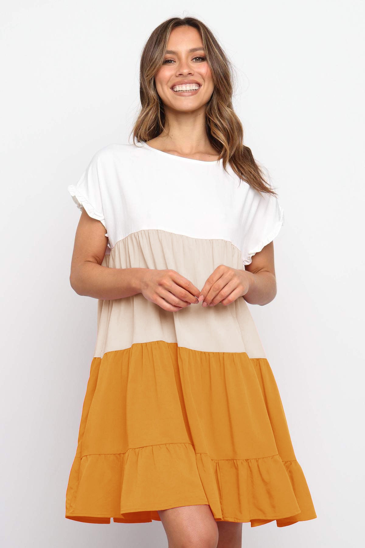 Short-Sleeved Stitching Contrast Color Loose Big Swing Dress