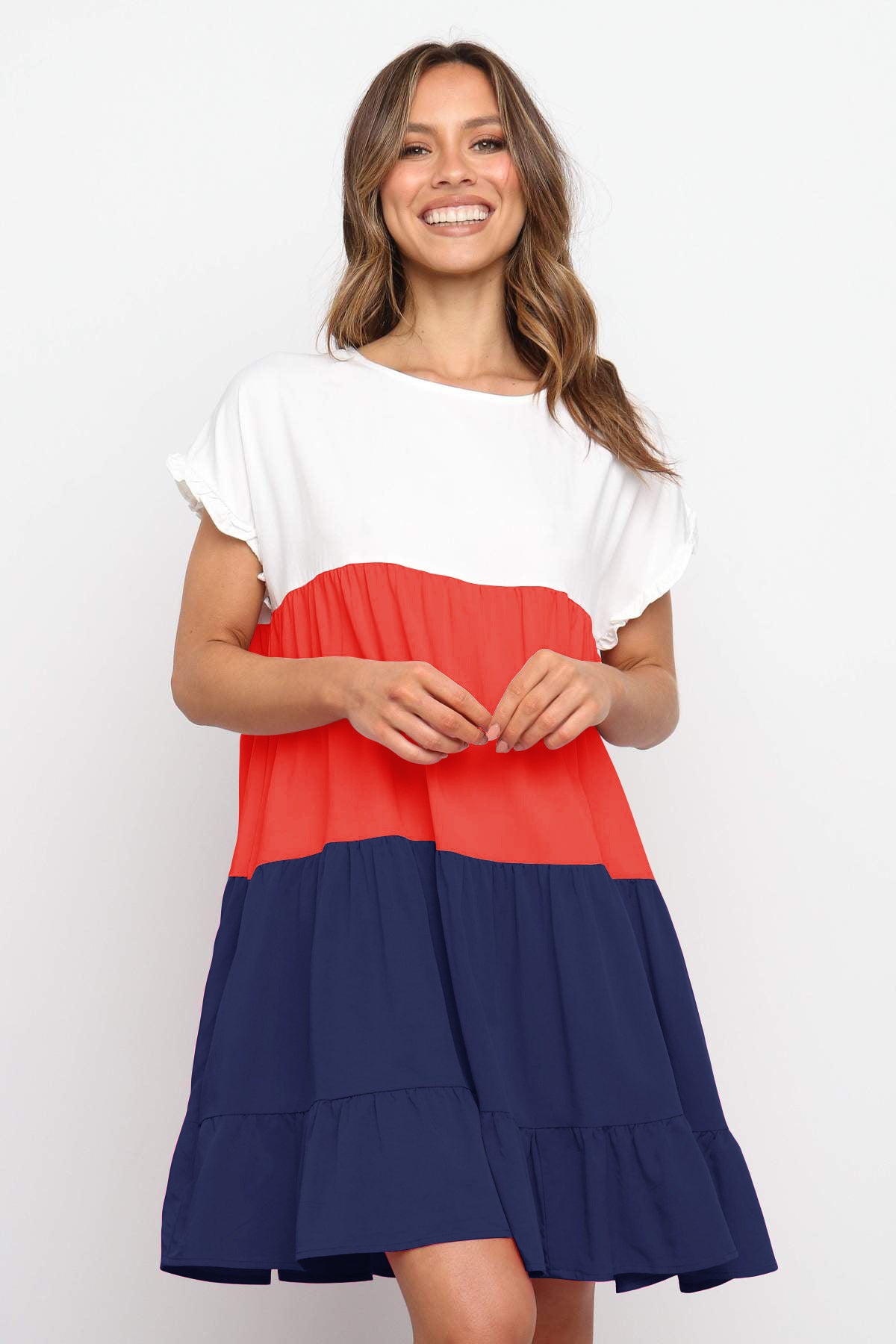Short-Sleeved Stitching Contrast Color Loose Big Swing Dress