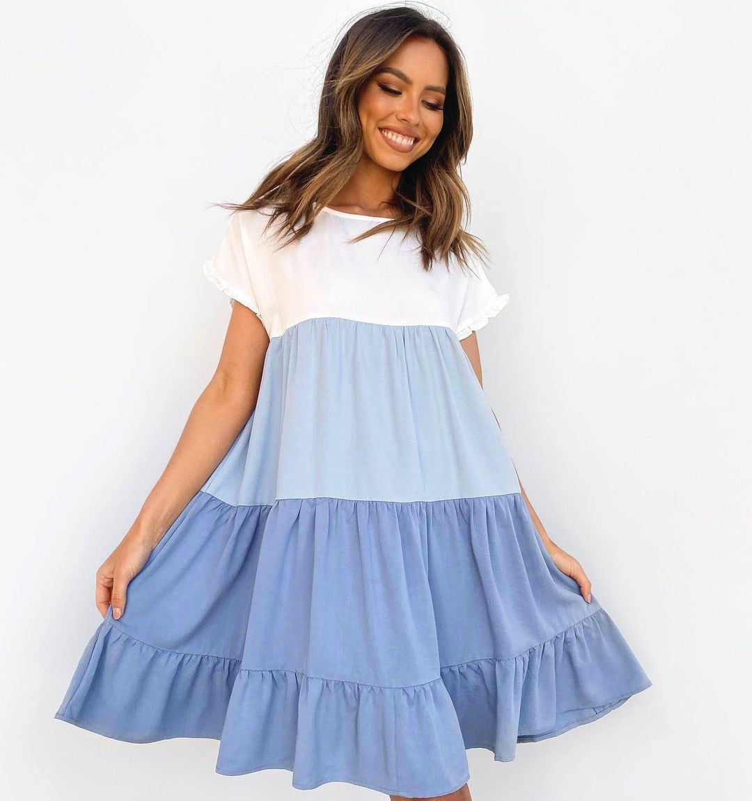 Short-Sleeved Stitching Contrast Color Loose Big Swing Dress