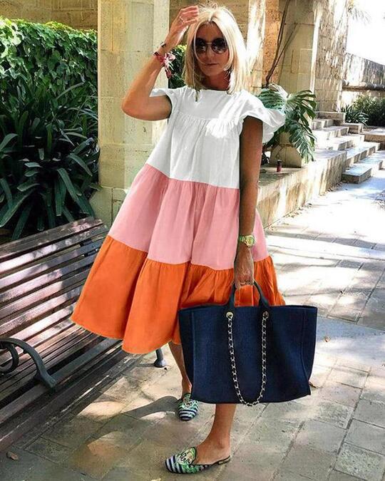 Summer New Hit Color Three-Color Stitching Dress Round Neck Doll Skirt Casual Puff Skirt