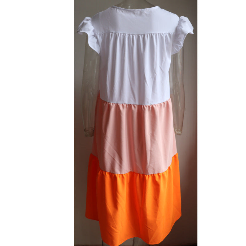 Summer New Hit Color Three-Color Stitching Dress Round Neck Doll Skirt Casual Puff Skirt
