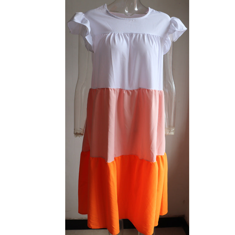 Summer New Hit Color Three-Color Stitching Dress Round Neck Doll Skirt Casual Puff Skirt