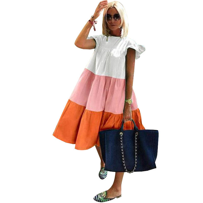 Summer New Hit Color Three-Color Stitching Dress Round Neck Doll Skirt Casual Puff Skirt