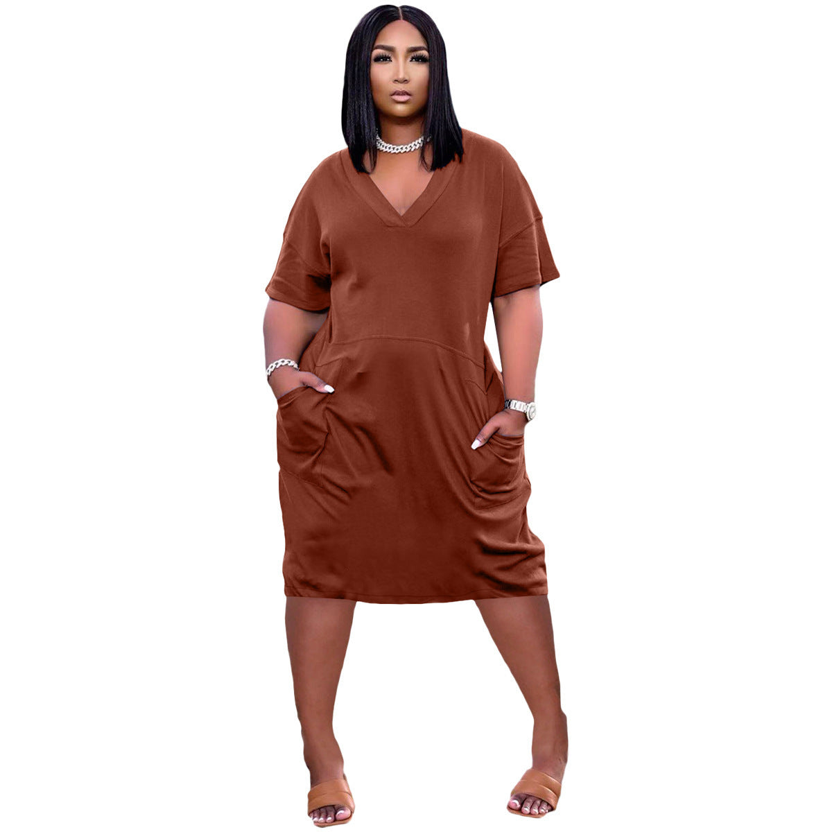 Loose Color V-neck Casual Dress With Pockets