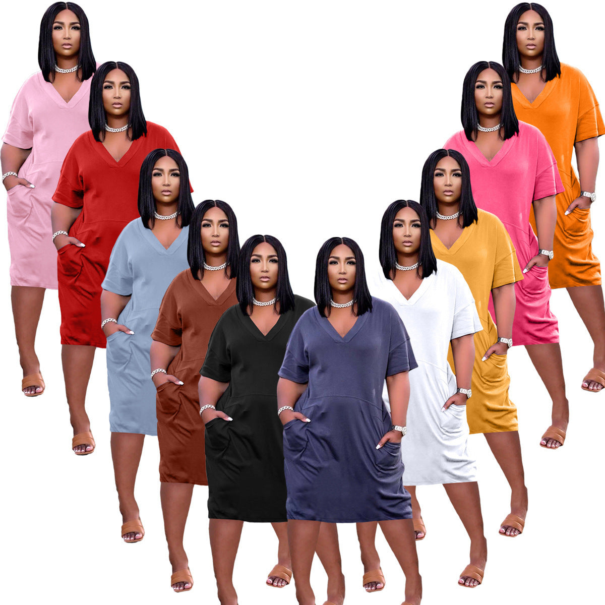 Loose Color V-neck Casual Dress With Pockets