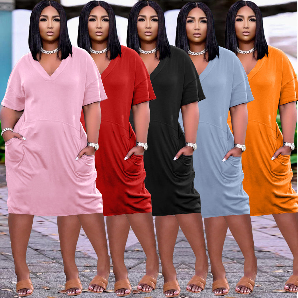 Loose Color V-neck Casual Dress With Pockets