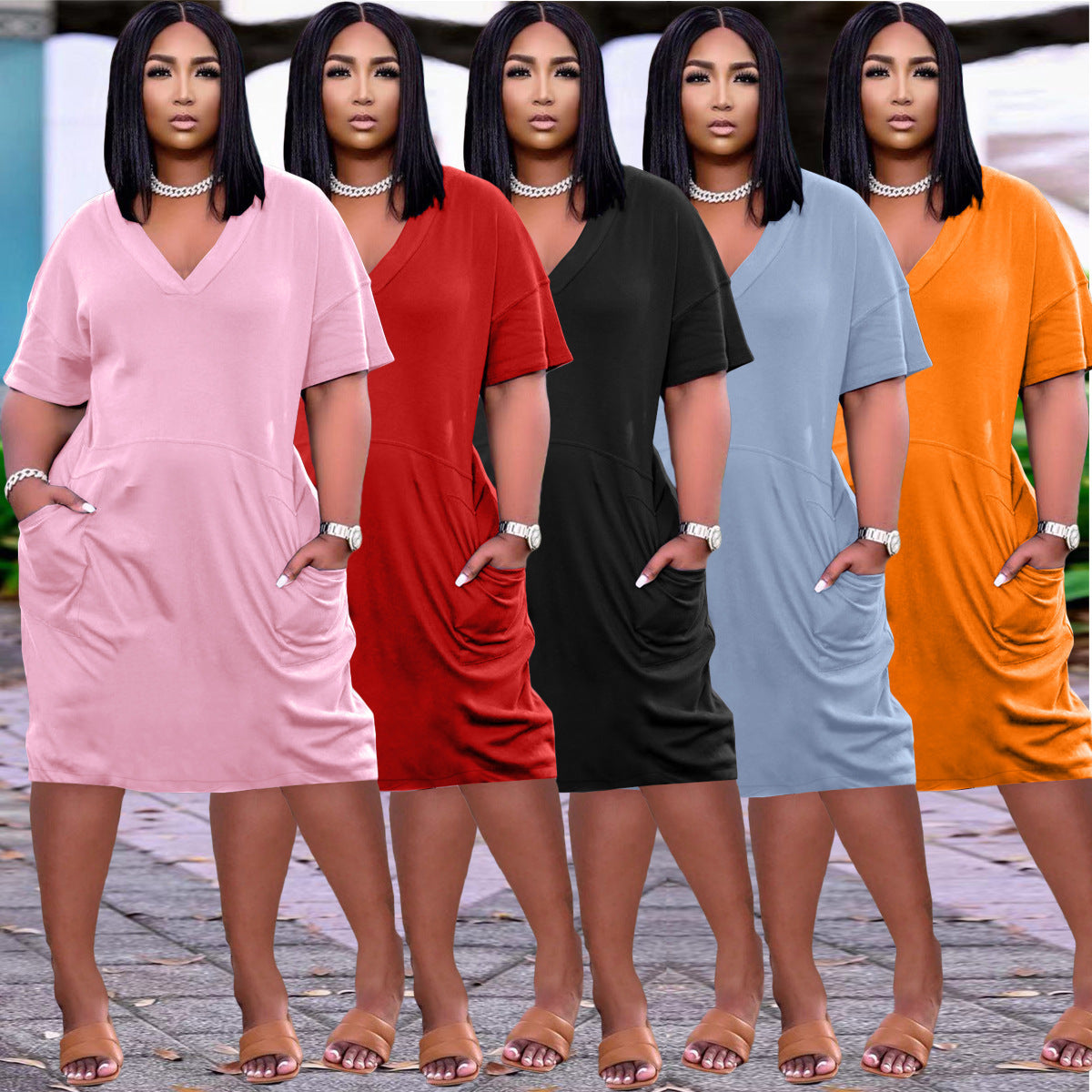 Loose Color V-neck Casual Dress With Pockets