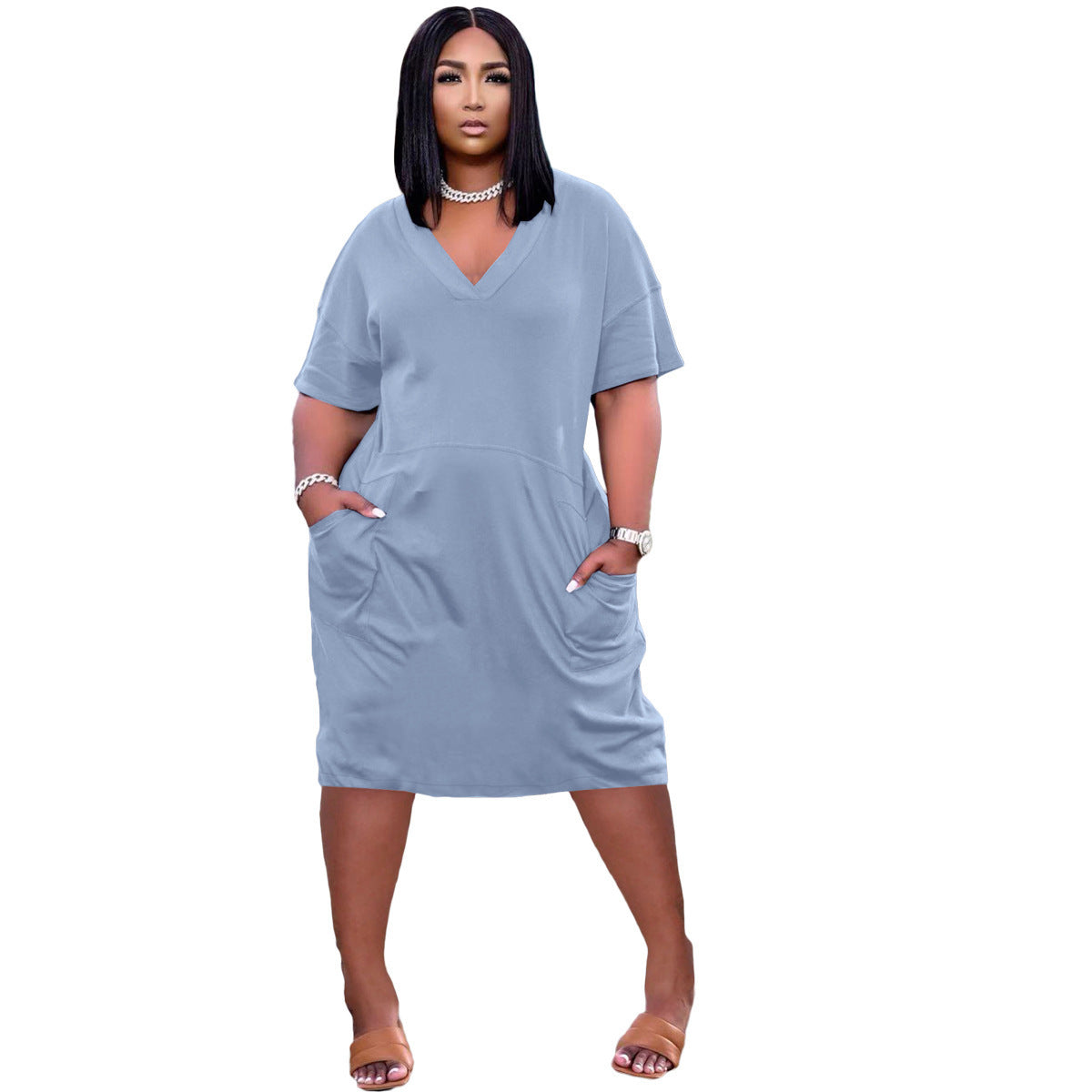 Loose Color V-neck Casual Dress With Pockets