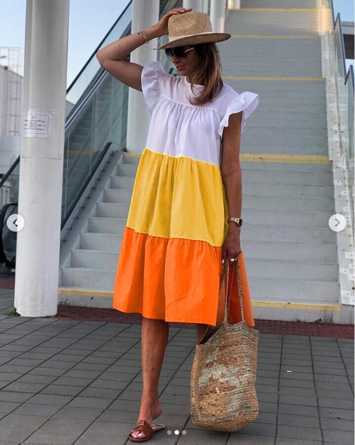 Summer New Hit Color Three-Color Stitching Dress Round Neck Doll Skirt Casual Puff Skirt