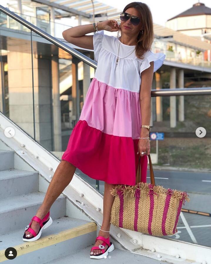 Summer New Hit Color Three-Color Stitching Dress Round Neck Doll Skirt Casual Puff Skirt
