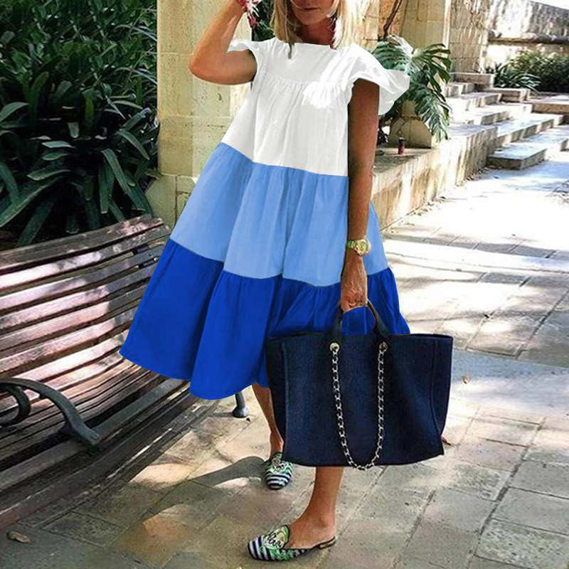 Summer New Hit Color Three-Color Stitching Dress Round Neck Doll Skirt Casual Puff Skirt