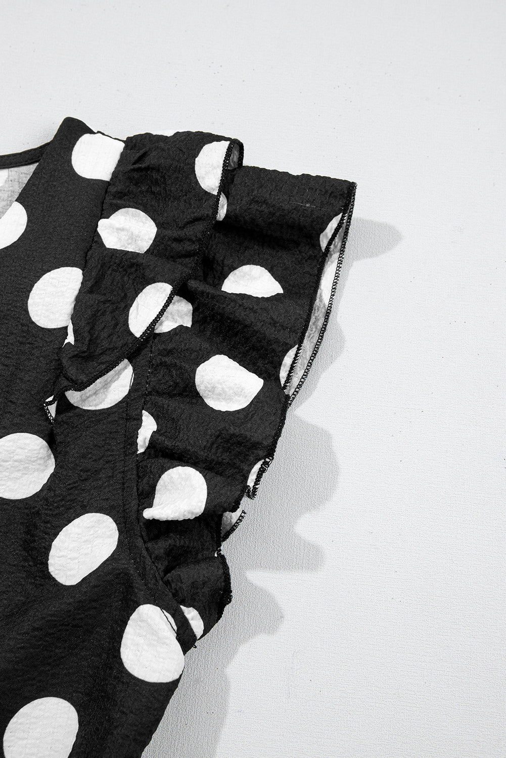 White Polka Dot Print V Neck Ruffle Blouse