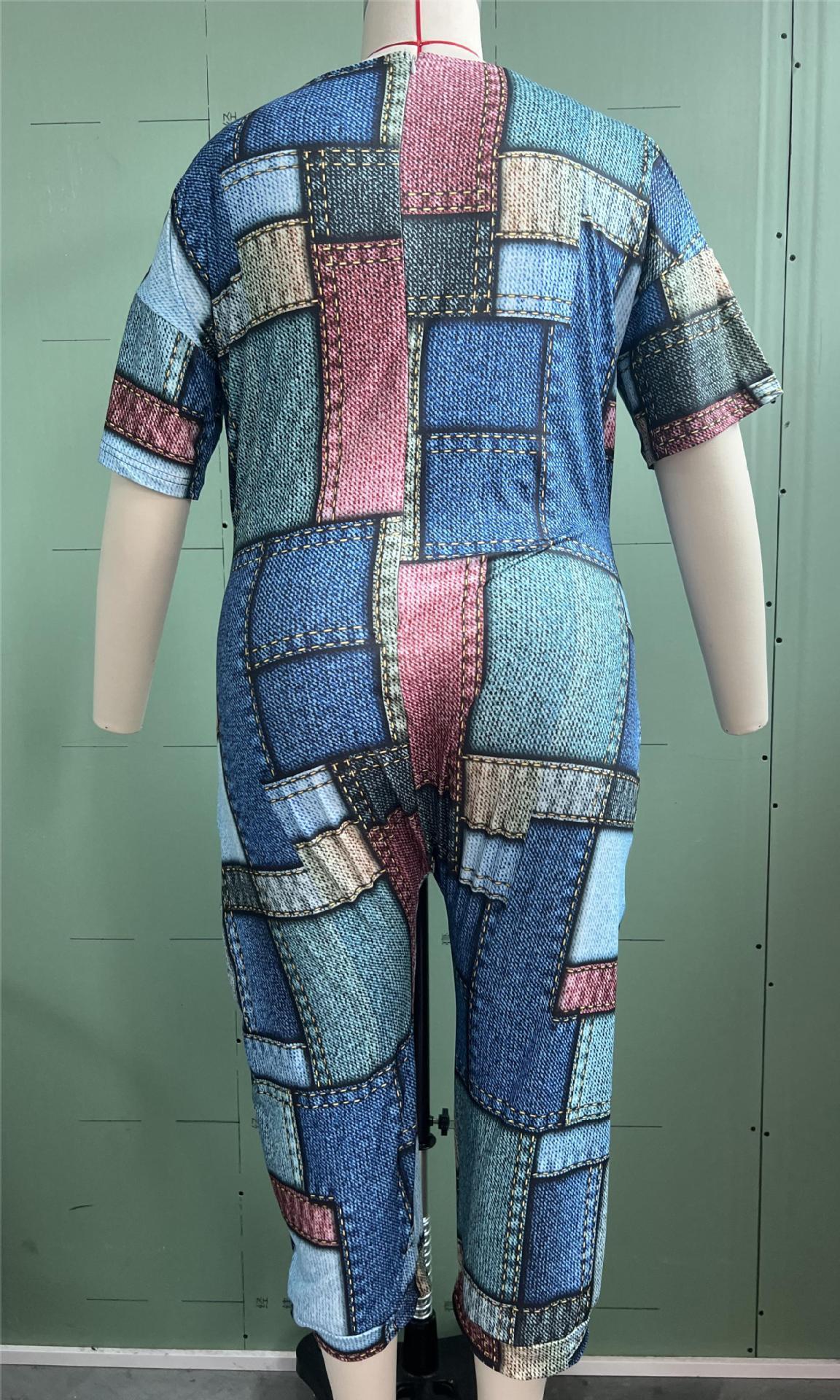 Summer Loose V-neck Stitching Patch Pocket Printed Jumpsuit
