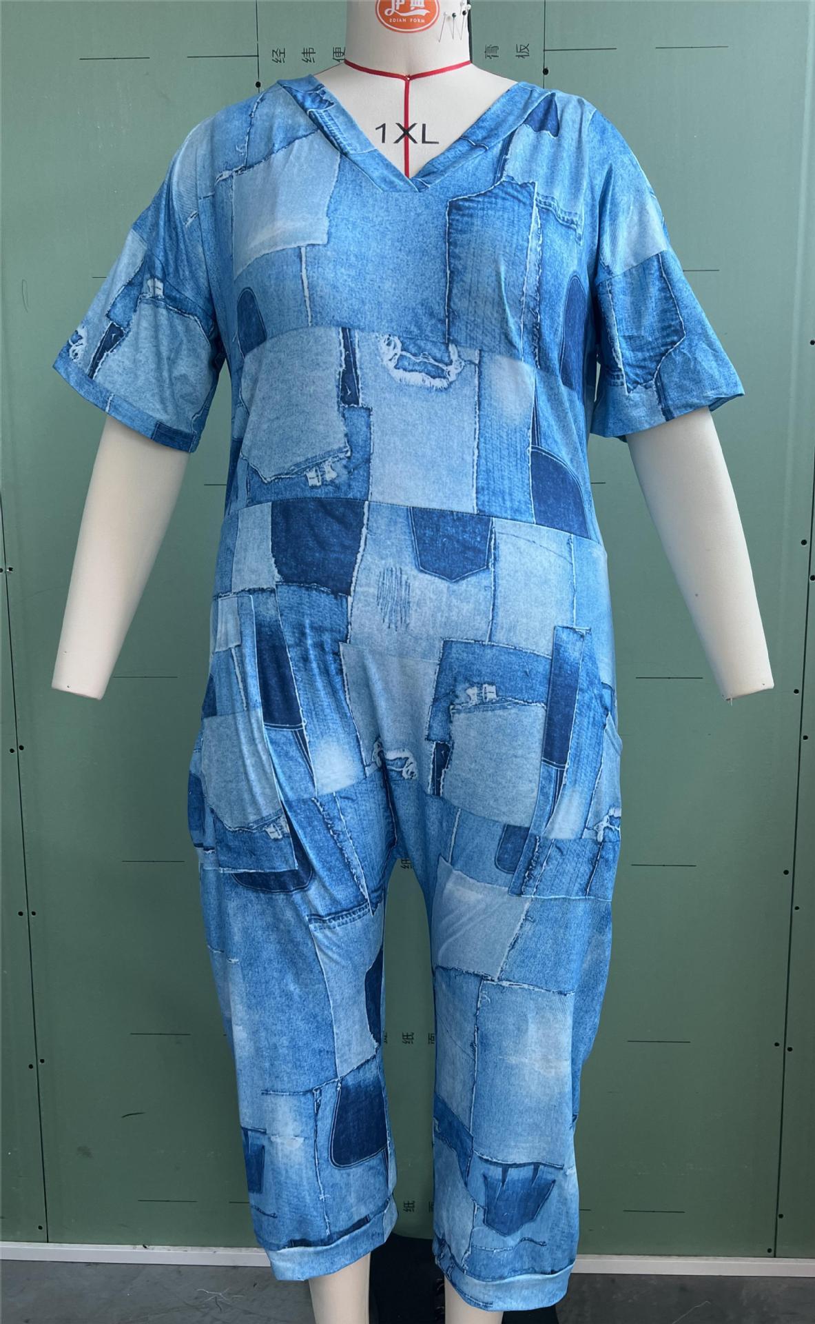 Summer Loose V-neck Stitching Patch Pocket Printed Jumpsuit
