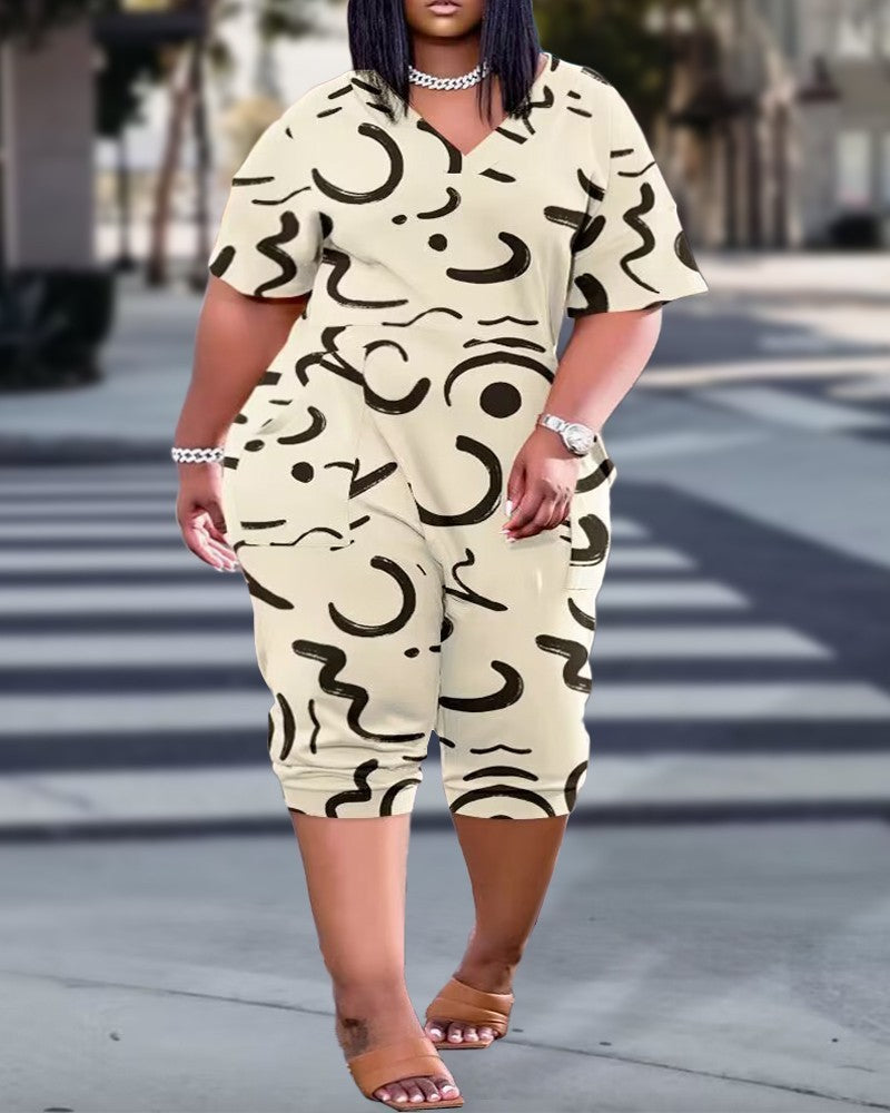 Summer Loose V-neck Stitching Patch Pocket Printed Jumpsuit