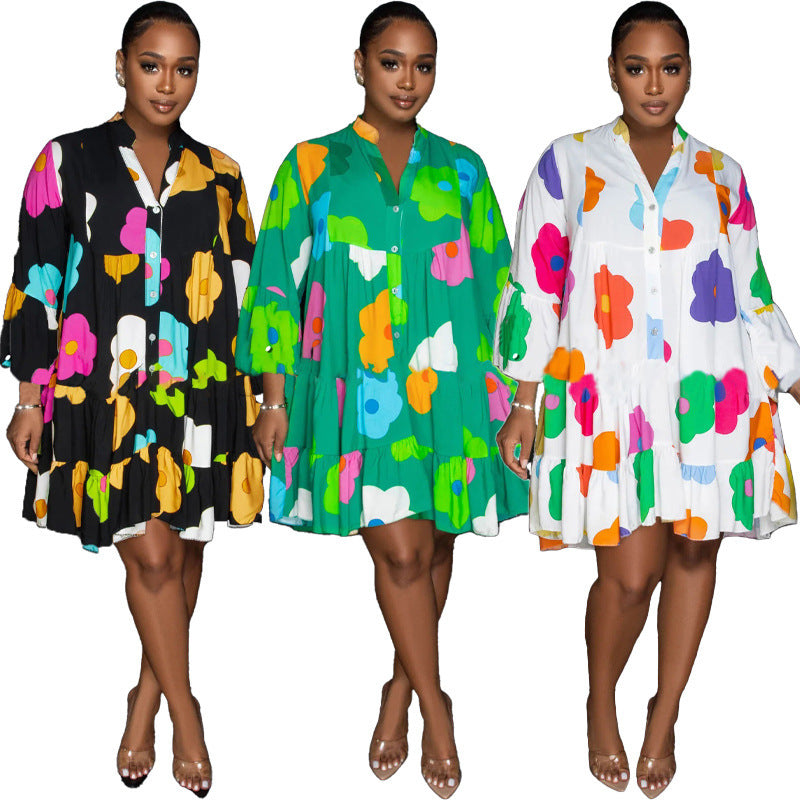 Colorful floral Painted Print V-neck Dress