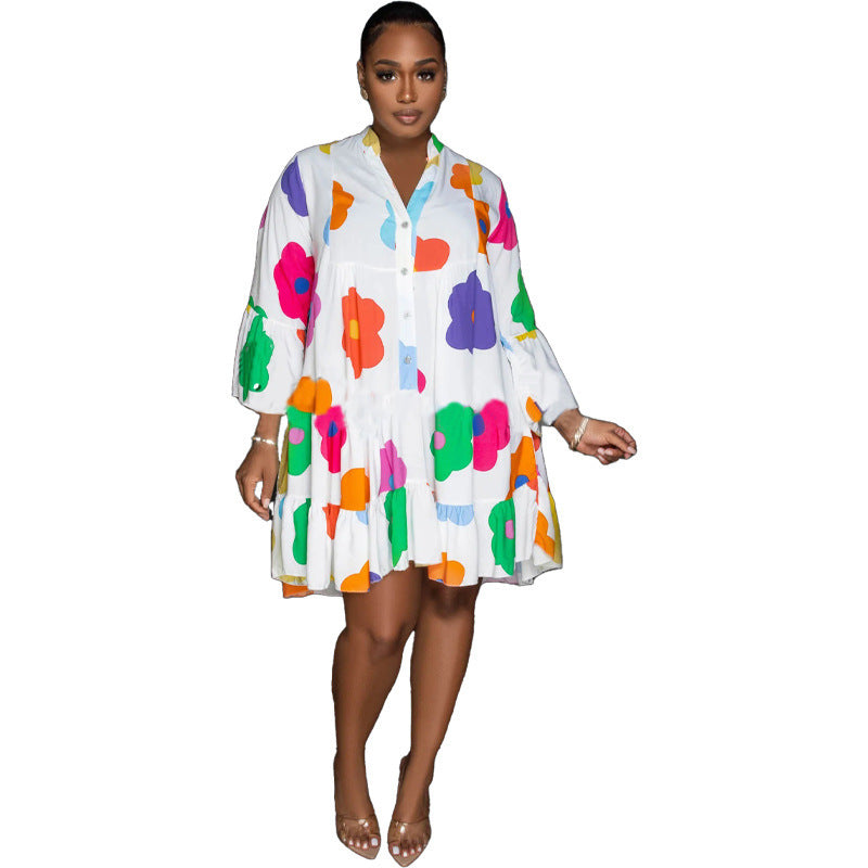 Colorful floral Painted Print V-neck Dress