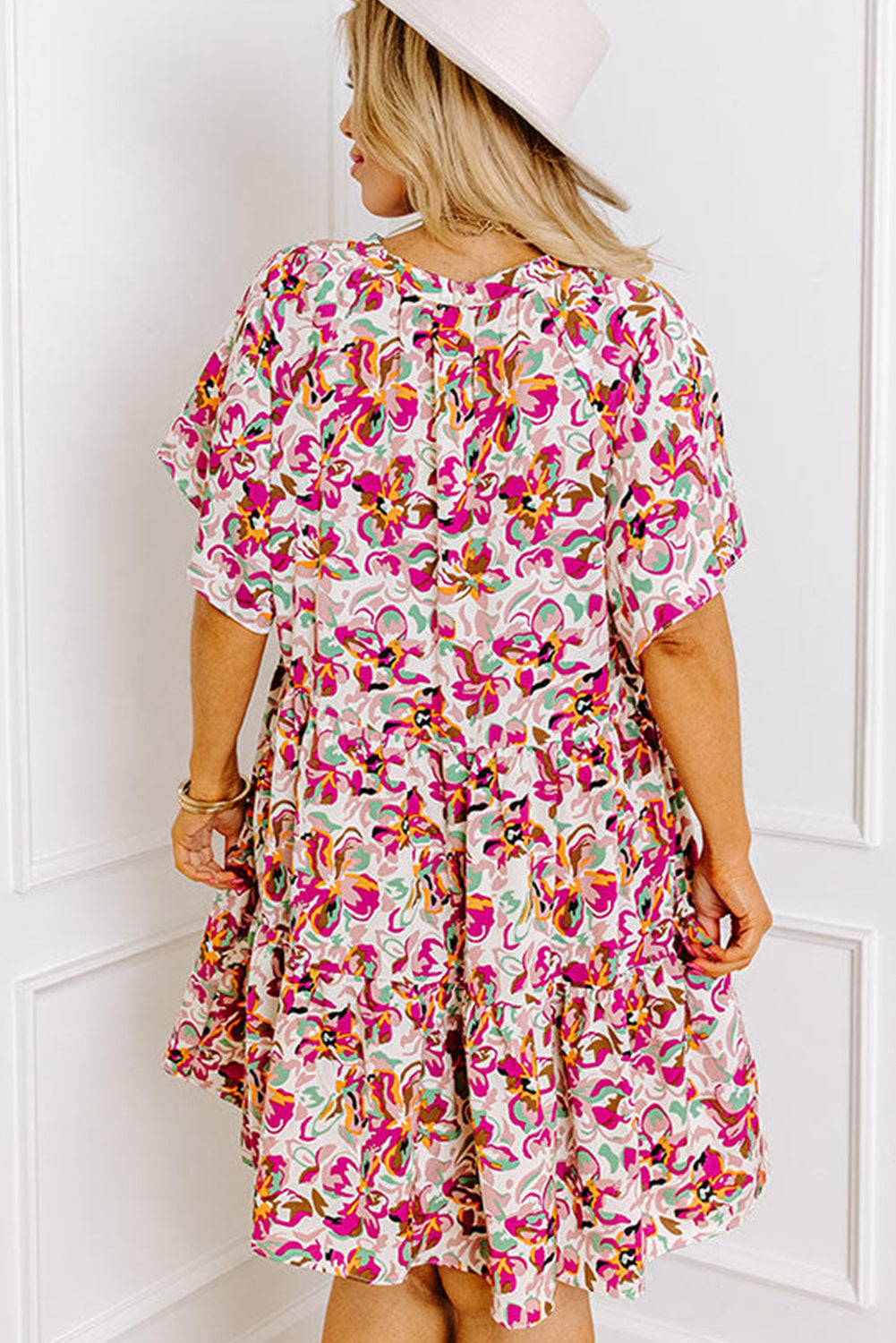 White Abstract Print V Neck Short Sleeve Ruffle Plus Size Mini Dress