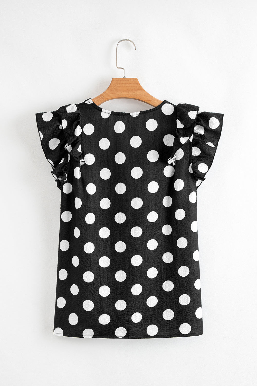 White Polka Dot Print V Neck Ruffle Blouse
