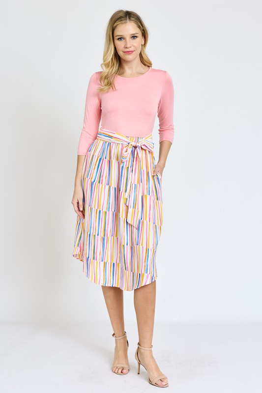 Plus Quarter Sleeve Stripe Sash Midi Dress