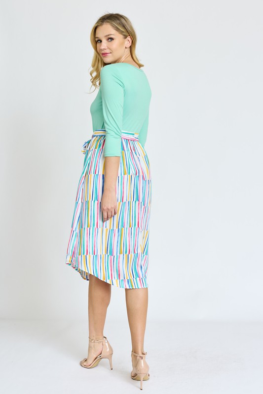 Quarter Sleeve Stripe Sash Midi Dress