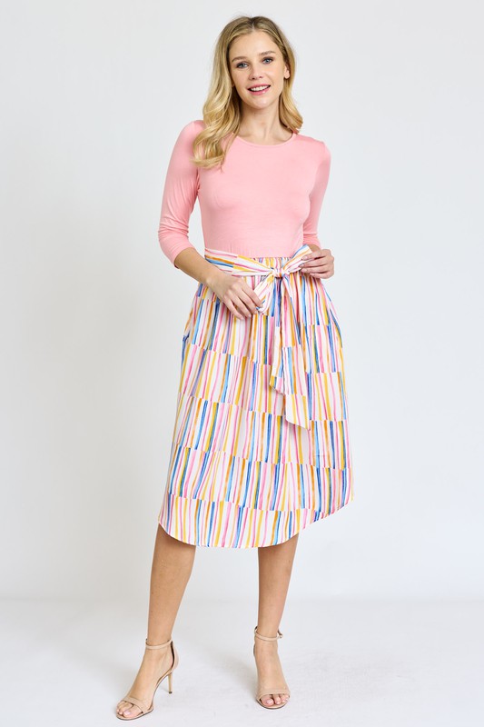 Plus Quarter Sleeve Stripe Sash Midi Dress